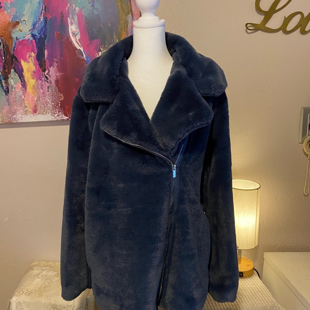 Ashley By 26 International Blue Teddy Jacket Asymmetrical Zipper